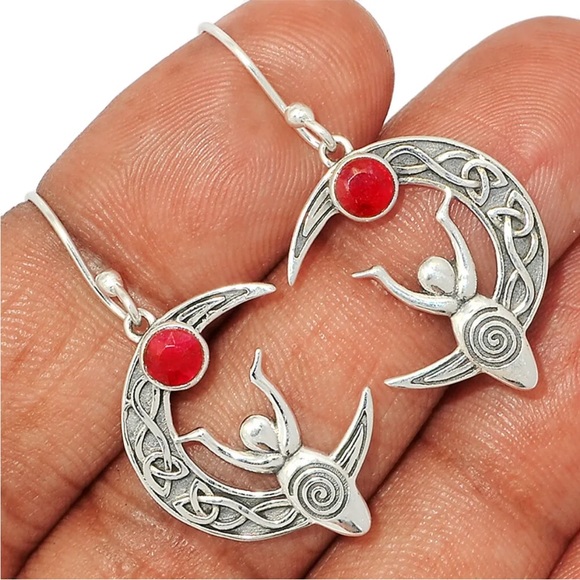 Celtic goddess moon sterling silver earrings with Fire Opal - Picture 2 of 4